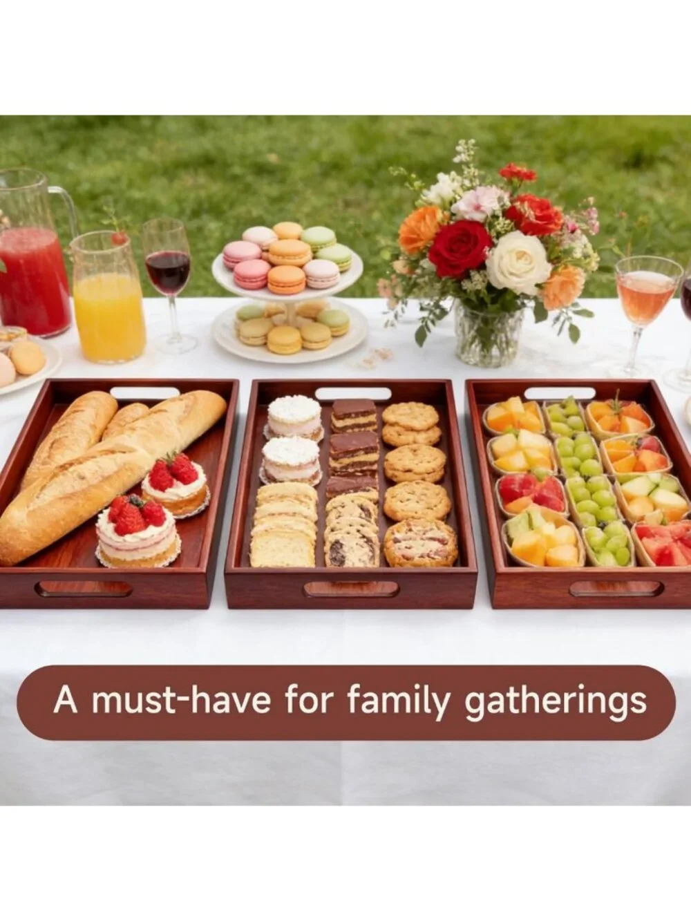 Large Acacia Wood Serving Tray with Handles - 17x12 Inch for Food & Drinks